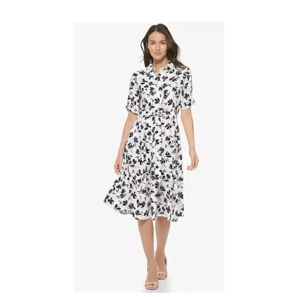 Calvin Klein Cream Indigo Women's Collared Elbow-Sleeve Shirtdress SZ 2 #1999